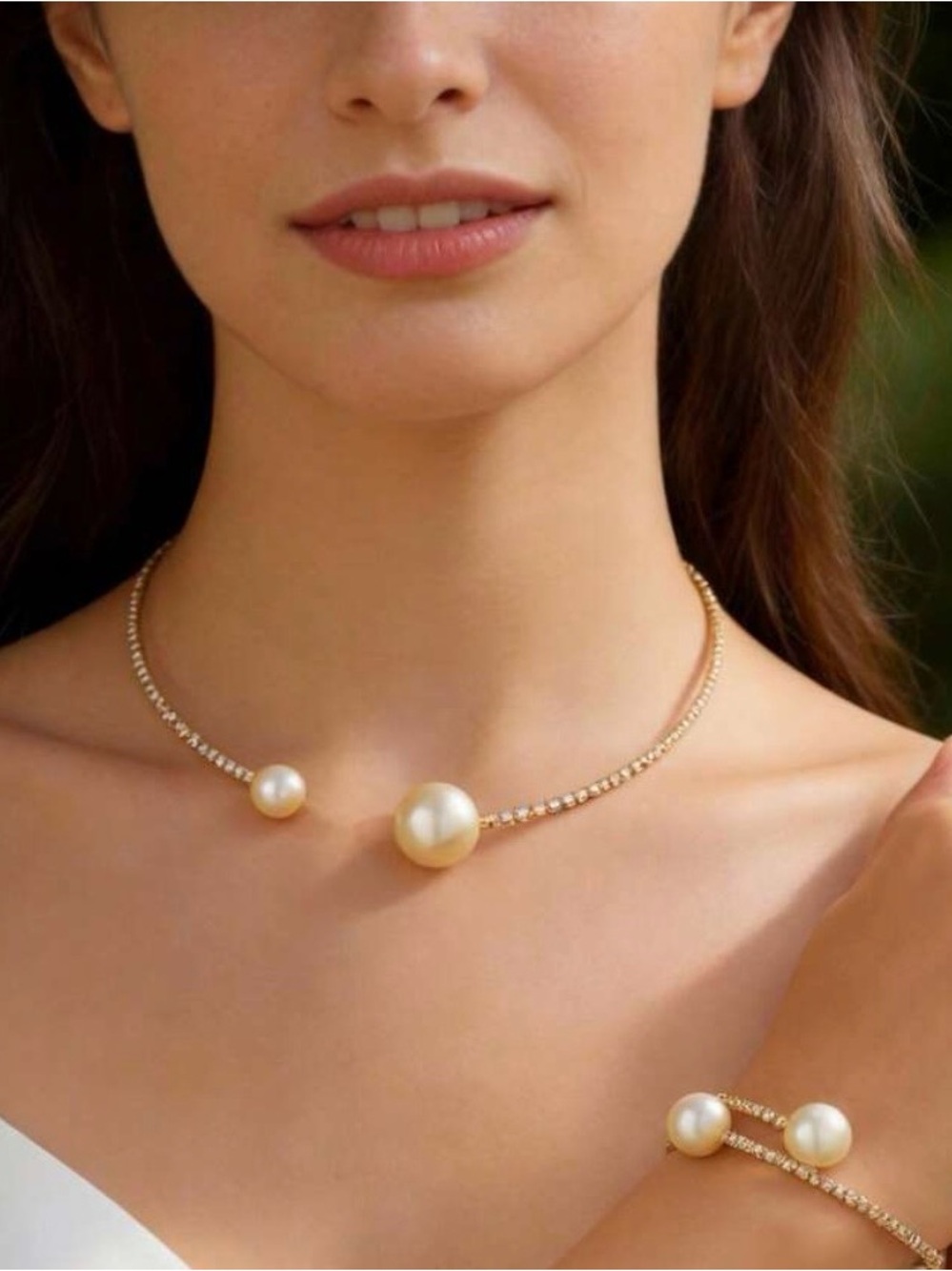 New Fashion Nova 2 Pc Rhinestone & Pearl Torque Spring Necklace & Bracelet